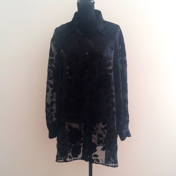 Lane Bryant Tops - Black semi sheer blouse with velvet flowers